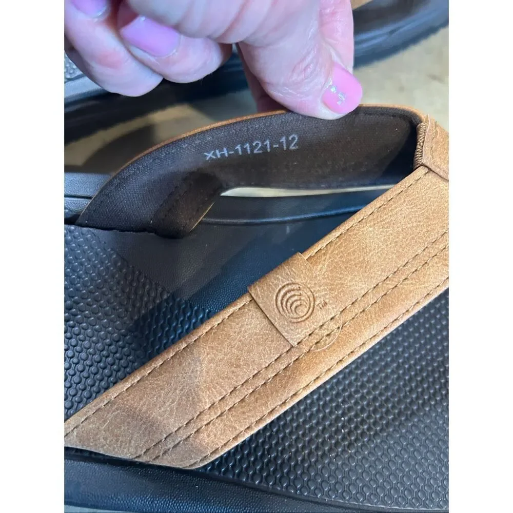 High Tide Men’s Brown Faux Leather Comfort Casual Flip Flop Sandals Size 12